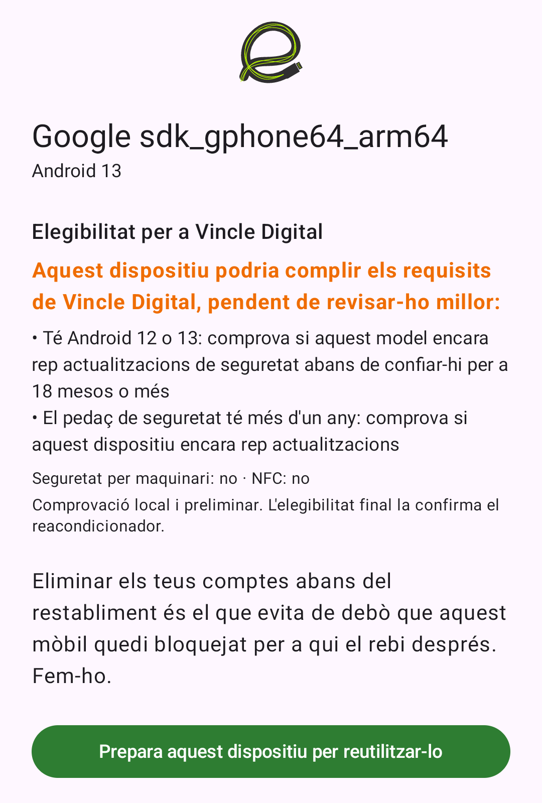 Pantalla de l'app amb el resultat: a revisar, per Android 13 i pedaç de seguretat antic