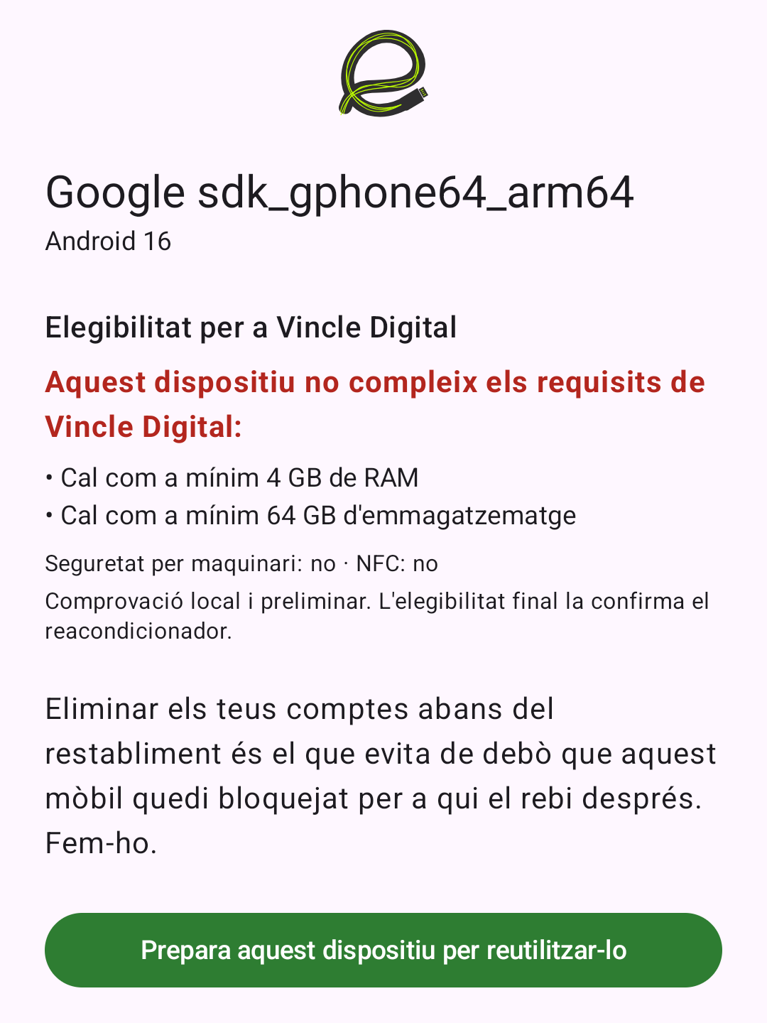 Pantalla de l'app amb el resultat: no compleix els requisits